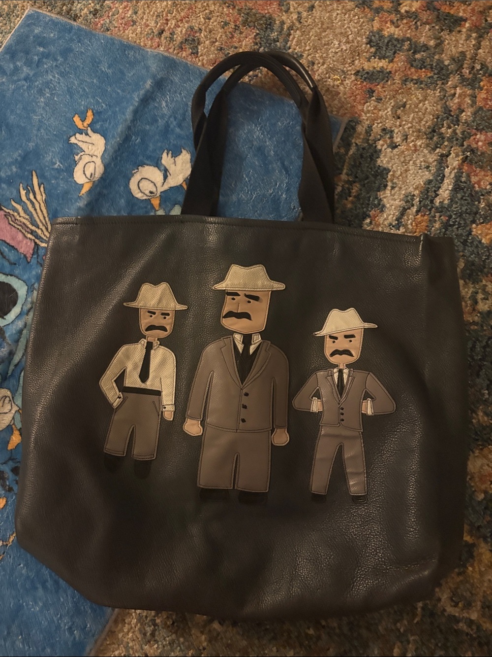 Dolce and gabanna Black Leather Tote Bag with Cartoon Detective Appliqué